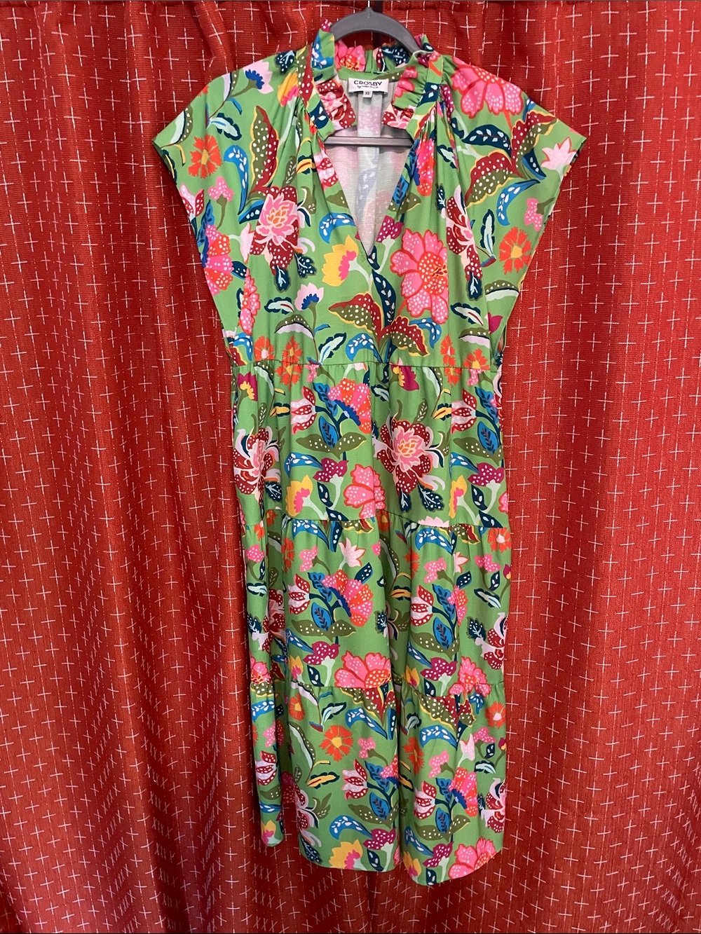 Crosby Green Floral Tiered Midi Dress with Pink & Blue Accents